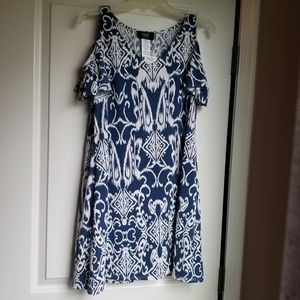 Blue/White Print Cold Shoulder Dress